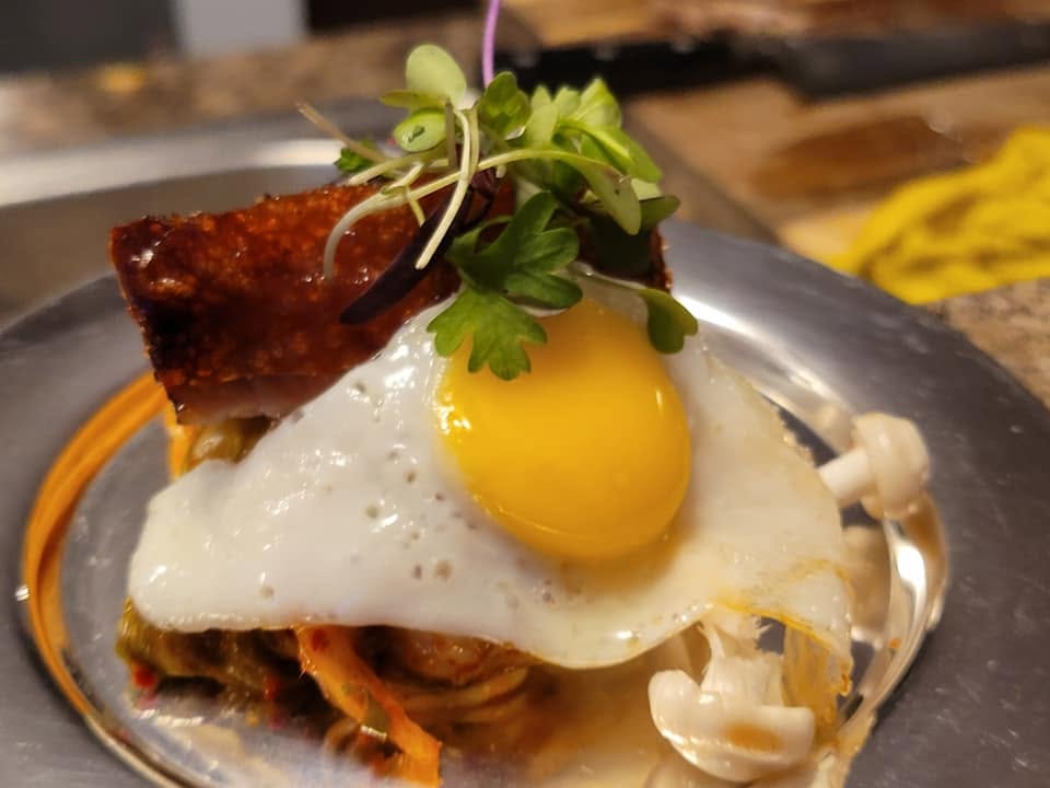Crispy Pork Belly, Kimchi Noodles & Farm Egg