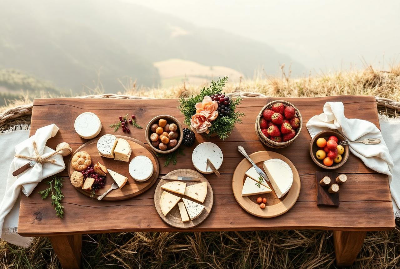 Elegant outdoor picnic catering spread on a rustic wood table