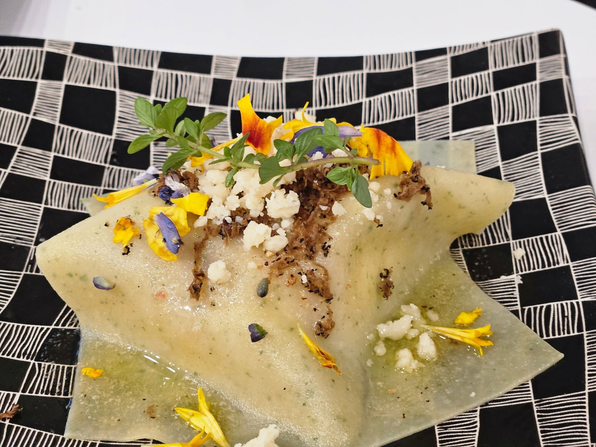 Hand-Cut Herb Ravioli, Cotija & Edible Flowers