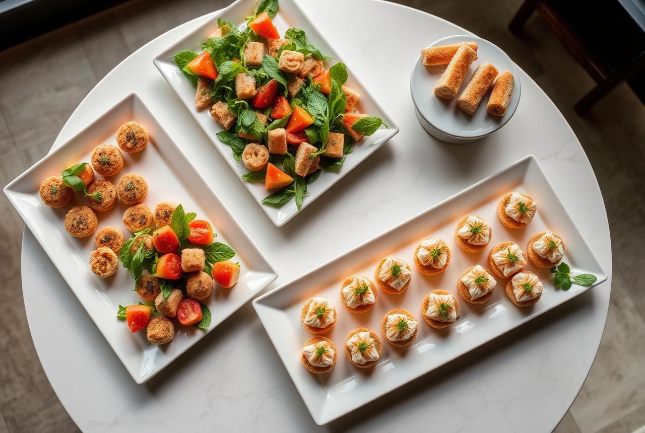 Upscale corporate catering platters of canapés and salads