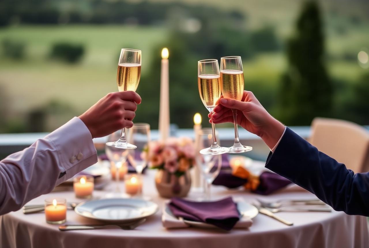 Guests toasting champagne at a candlelit private dinner table