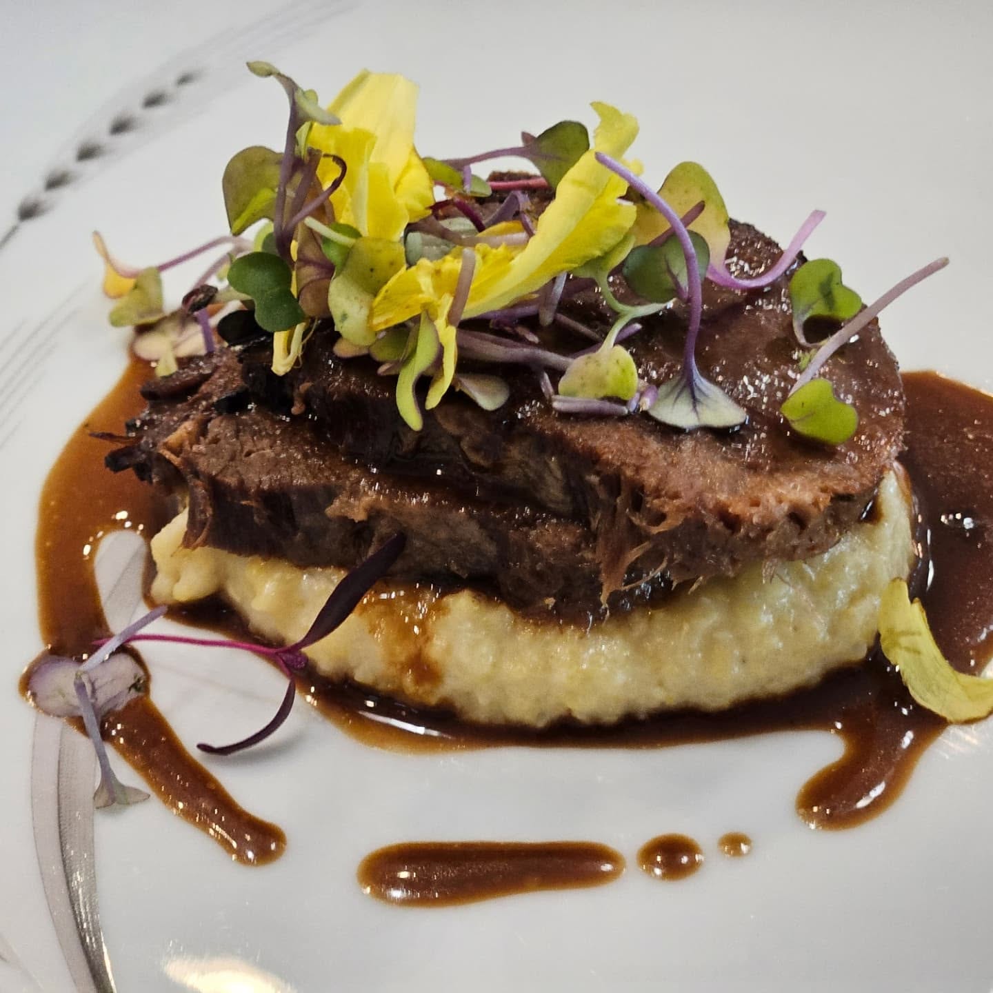 Slow-Braised Beef, Creamy Polenta & Micro Greens