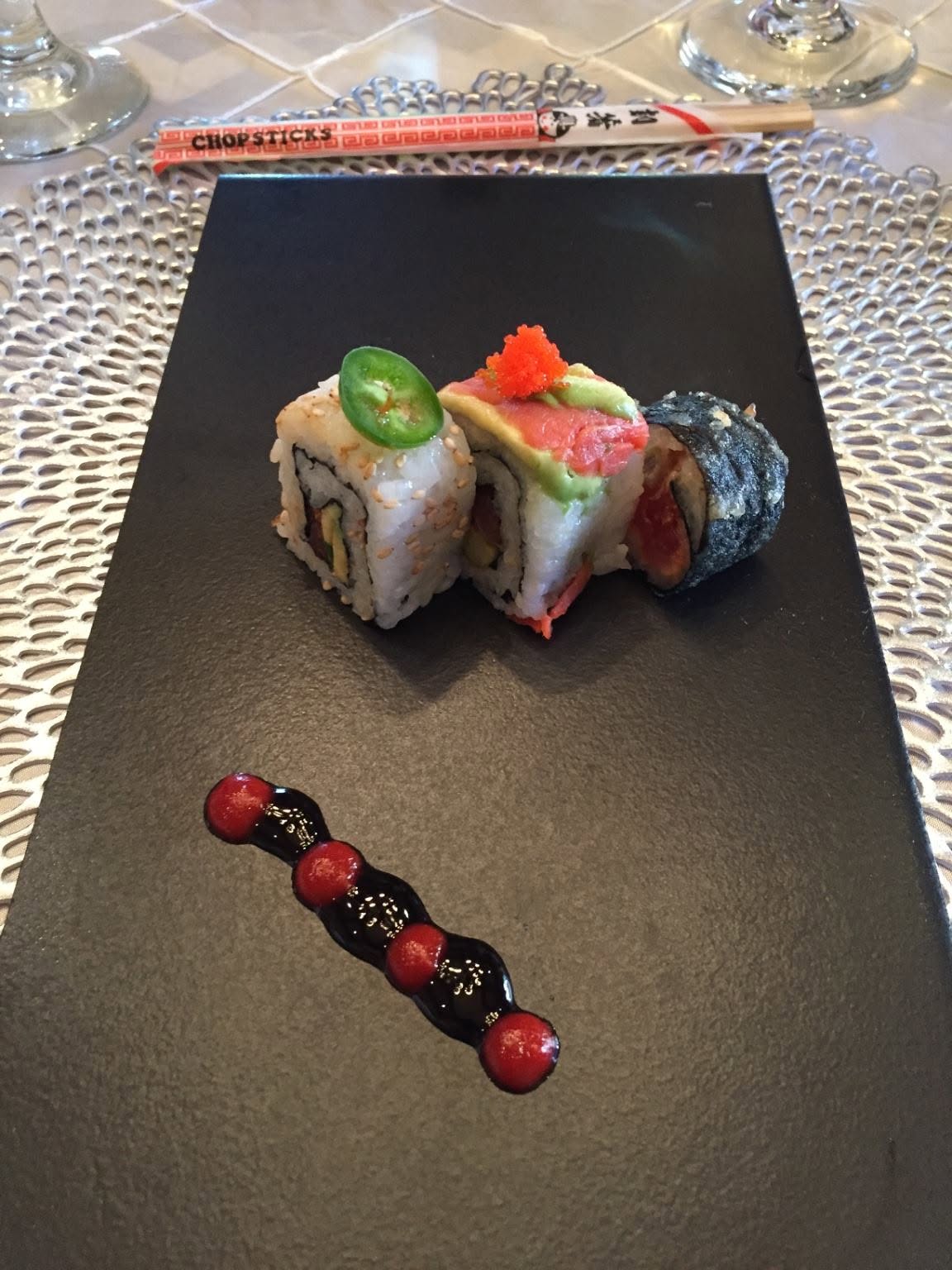 Sushi Trio on Slate, Sweet Soy Pearls