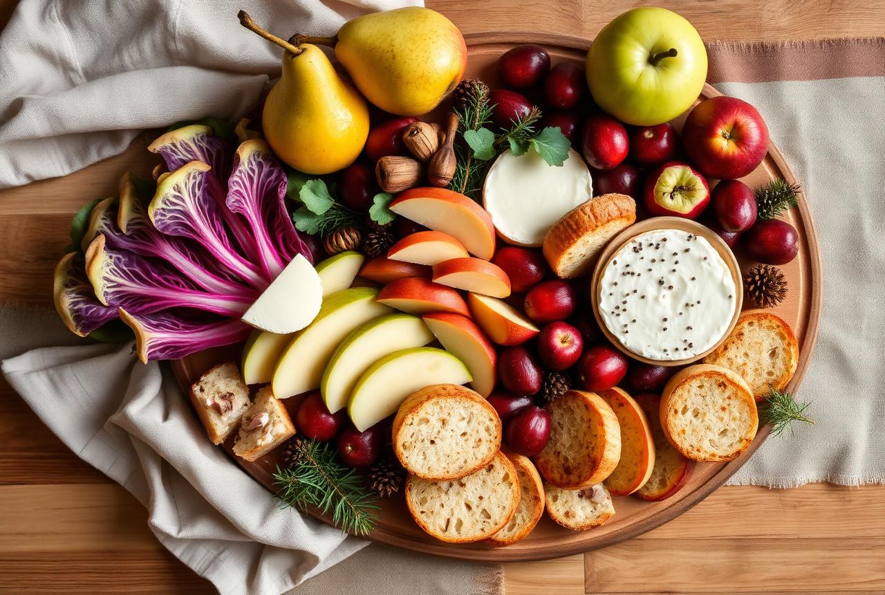 Festive holiday grazing board with fruit, cheese, and crostini