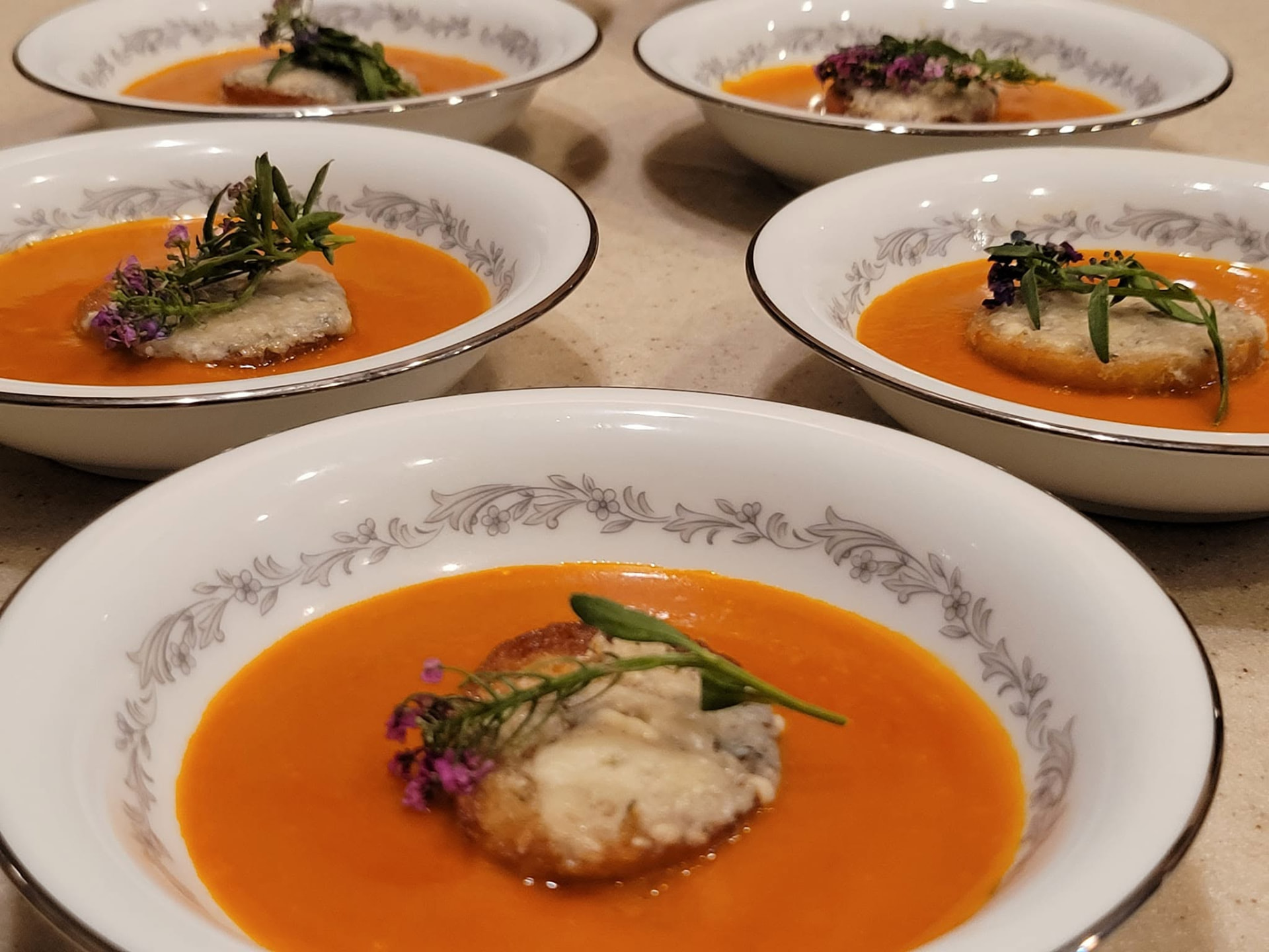 Tomato Bisque, Gruyère Crisp & Blossoms